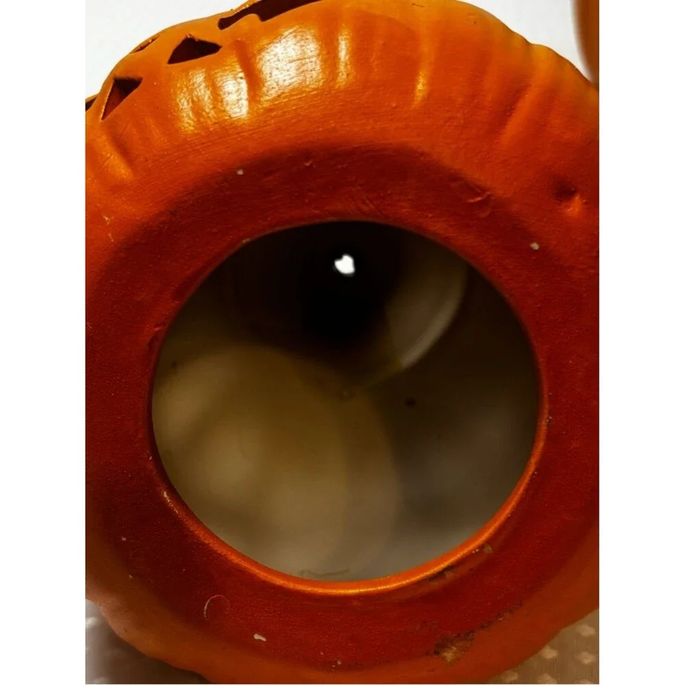VTG Terracotta Hand Painted Jack O' Lantern Clay Pumpkin Halloween Luminary Duo